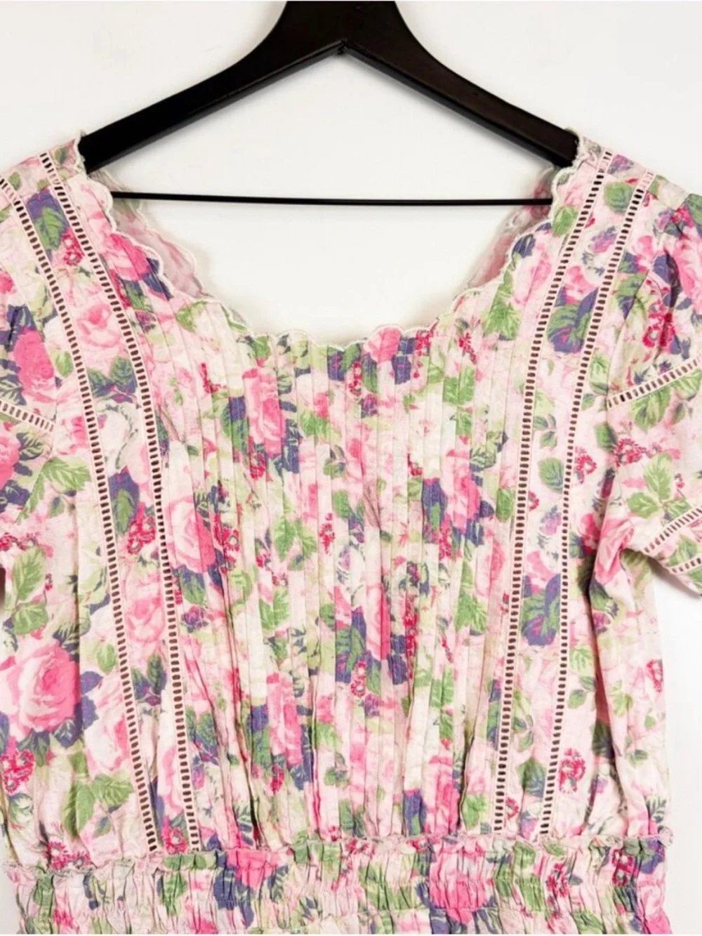 LoveShackFancy Mavis Tiered Mini Cotton Dress in Veiled Kiss Floral Pink - L - Picture 4 of 6